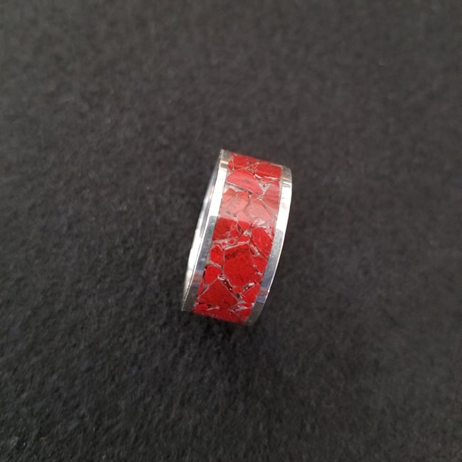 Red jasper with hemitate inlay ring and sterling silver band