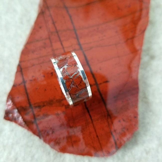 Red jasper with hemitate inlay ring and sterling silver band
