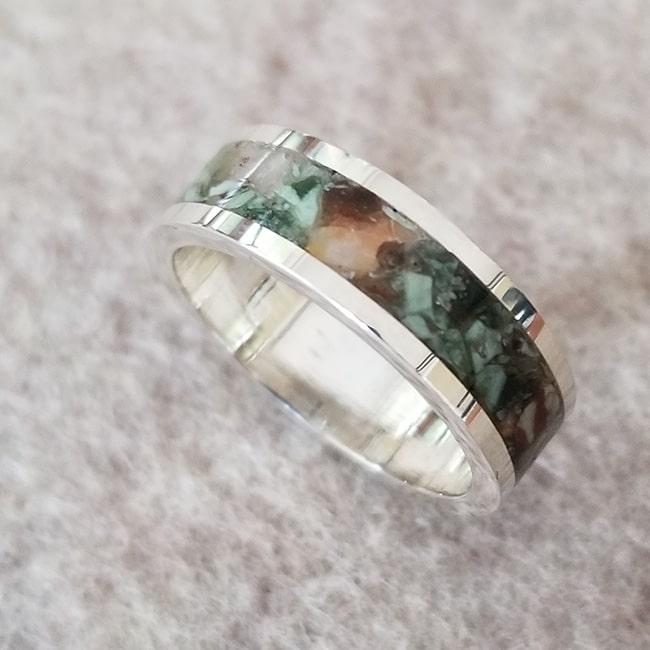 Rainforest jasper inlay ring with sterling silver band