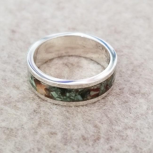 Rainforest jasper inlay ring with sterling silver band