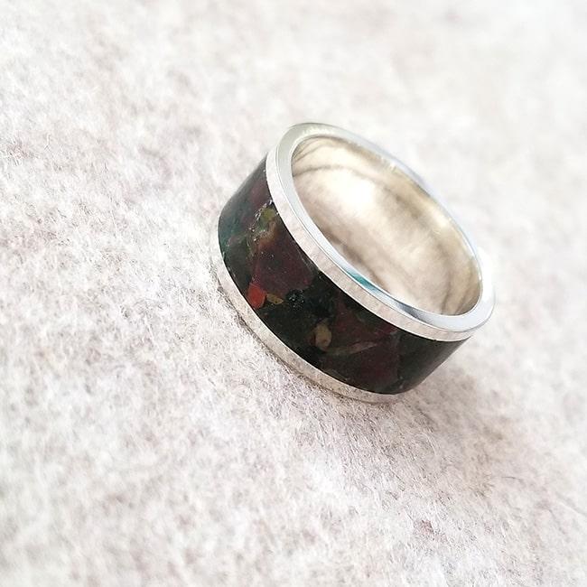 Wide sterling silver ring band with red and green bloodstone inlay