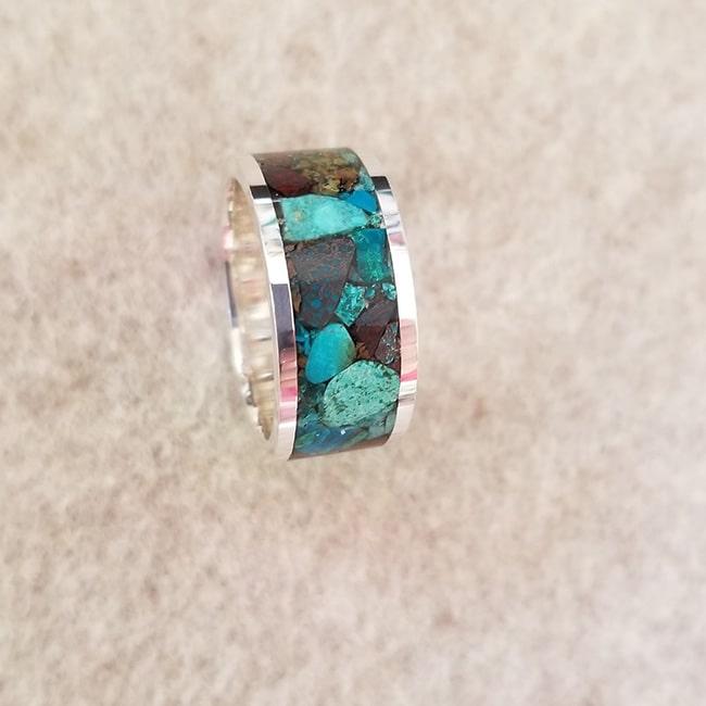 Chrysocolla stone inlay ring with sterling silver