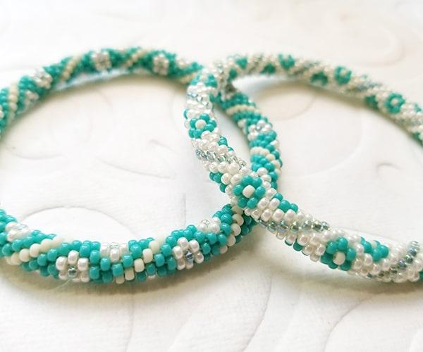 Bead Crochet Bracelet Set Teal Flowers