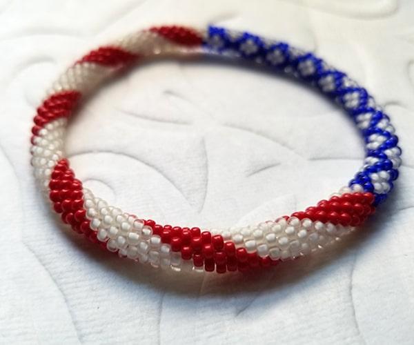 Bead crochet bracelet in stars & stripes pattern, red, white, & blue