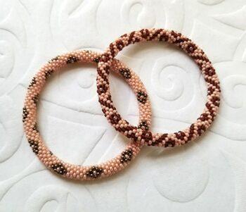 Brown & peach bead crochet bracelet set in flower and diamond pattern
