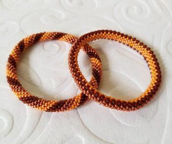 Bead crochet bracelet set in stripes and snake pattern in copper