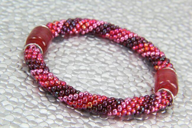 Cherry Red Segmented Bead Crochet bracelet with glass focal beads