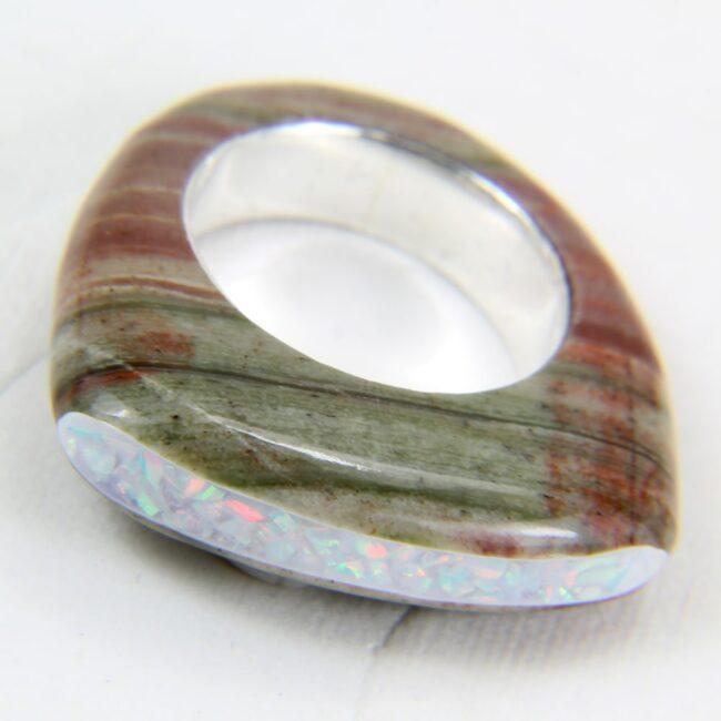 Green banded artisan stone ring with opal channel inlay