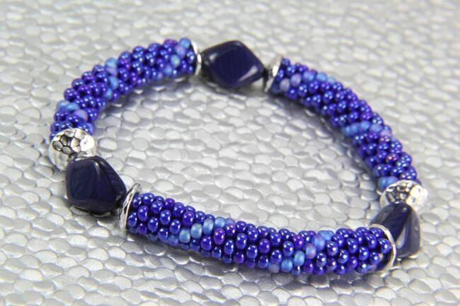 Blue bead crochet bracelet with 3 segments
