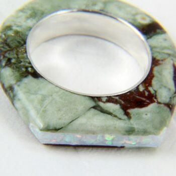 Rainforest Jasper stone ring with opal channel inlay