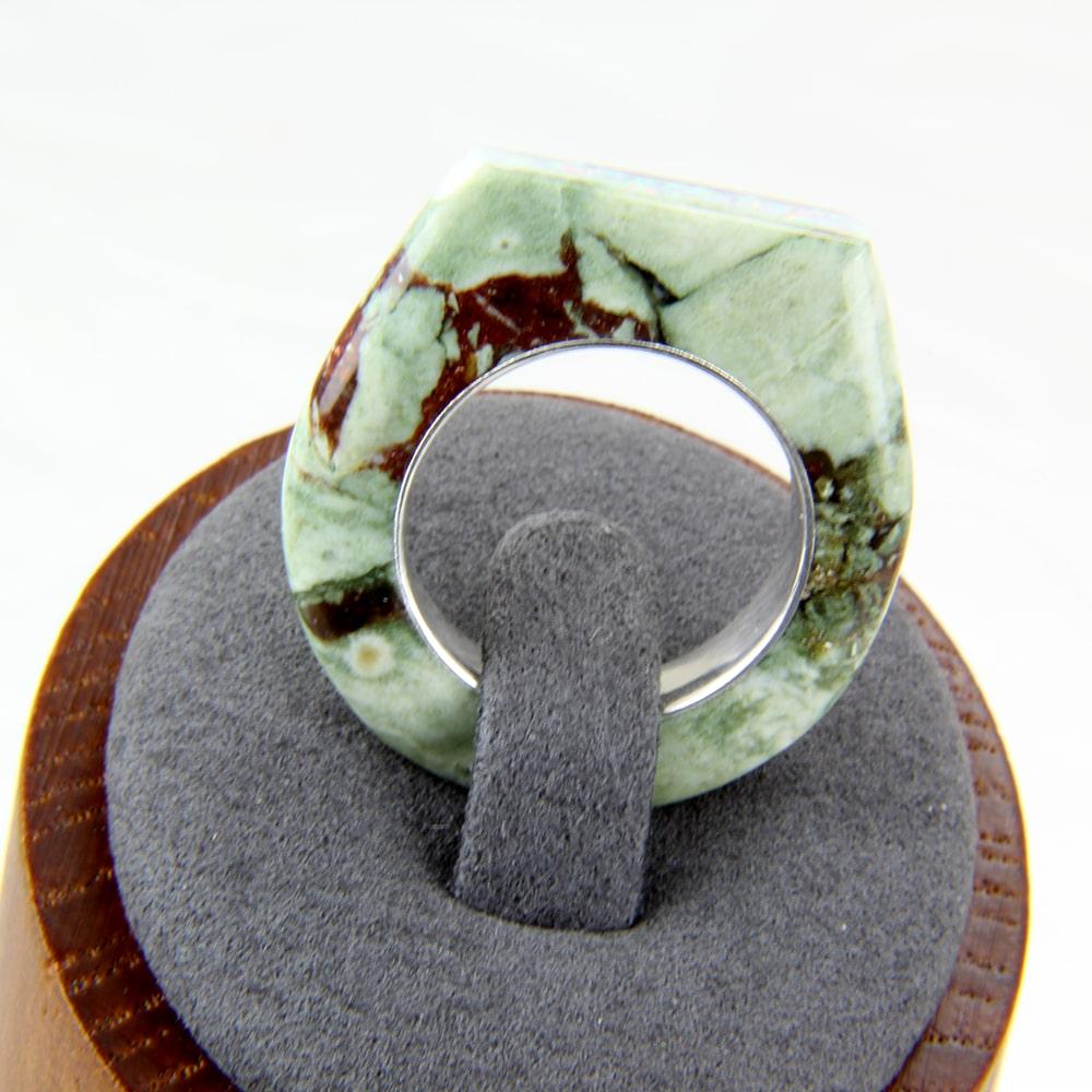 Rainforest Jasper stone ring with opal channel inlay