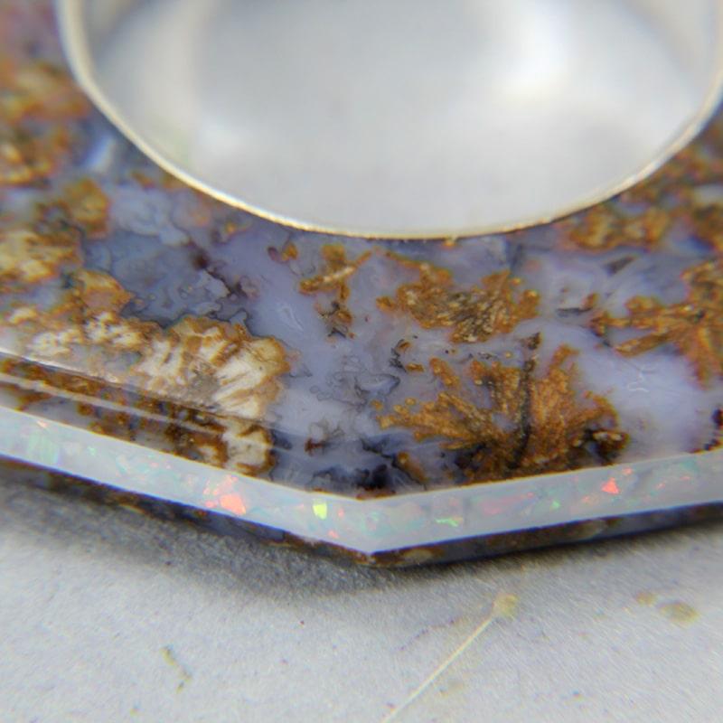 Blue Moss Agate stone ring with opal channel inlay