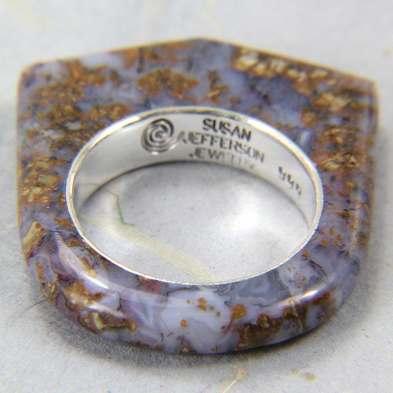 Blue Moss Agate stone ring with opal channel inlay