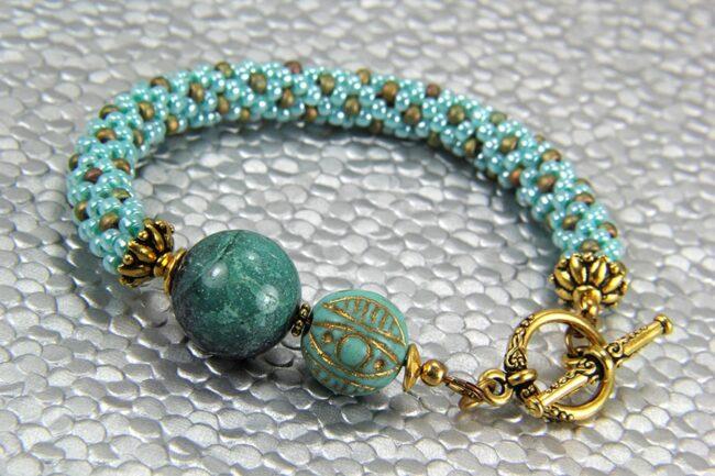 Teal Bead Crochet Bracelet with Stone Focal Beads