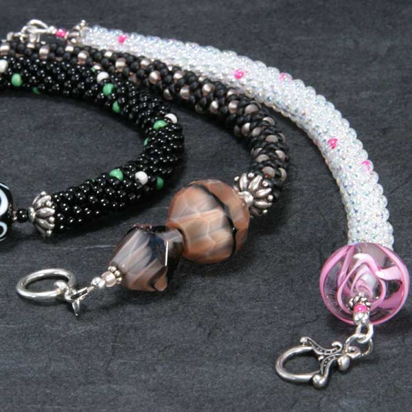 3 bead crochet bracelets with sterling silver clasps and glass or semi-precious stone focal beads