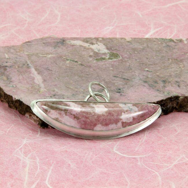 Rhodonite stone pendant in sterling & fine silver messaluna shaped