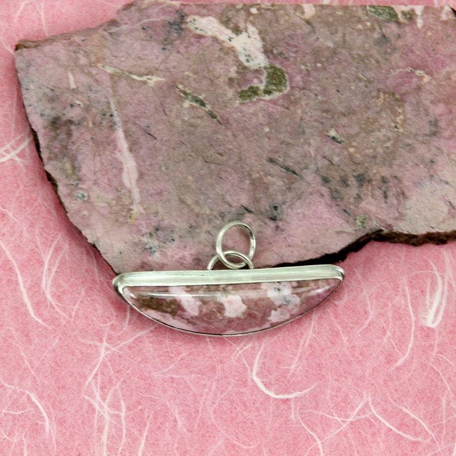 Rhodonite stone pendant in sterling & fine silver messaluna shaped