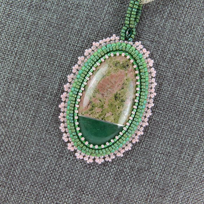 Unikite & green chalcedony beaded intarsia pendant