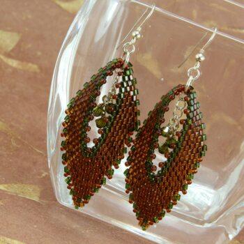 Beaded brick stitch earrings in brown & green with swarovski crystals