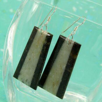 Dark and light green stone intarsia earrings with sterling silver earwires