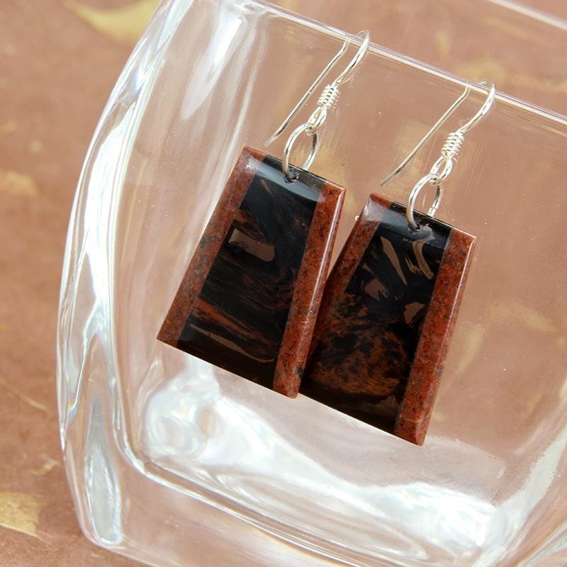 Mahogany obsidian stone intarsia earrings with sterling silver earwires