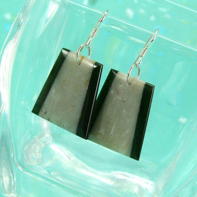 Green goldstone and light green stone intarsia earrings with sterling silver earwires