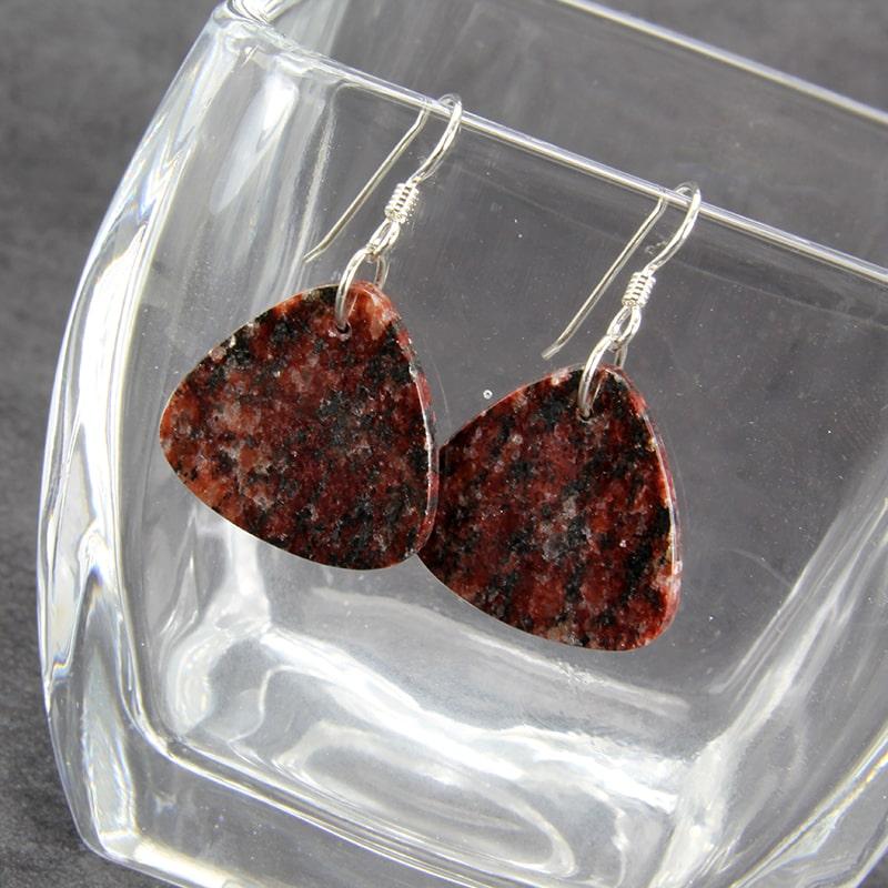 Red and black dangle stone earrings with sterling silver earwires