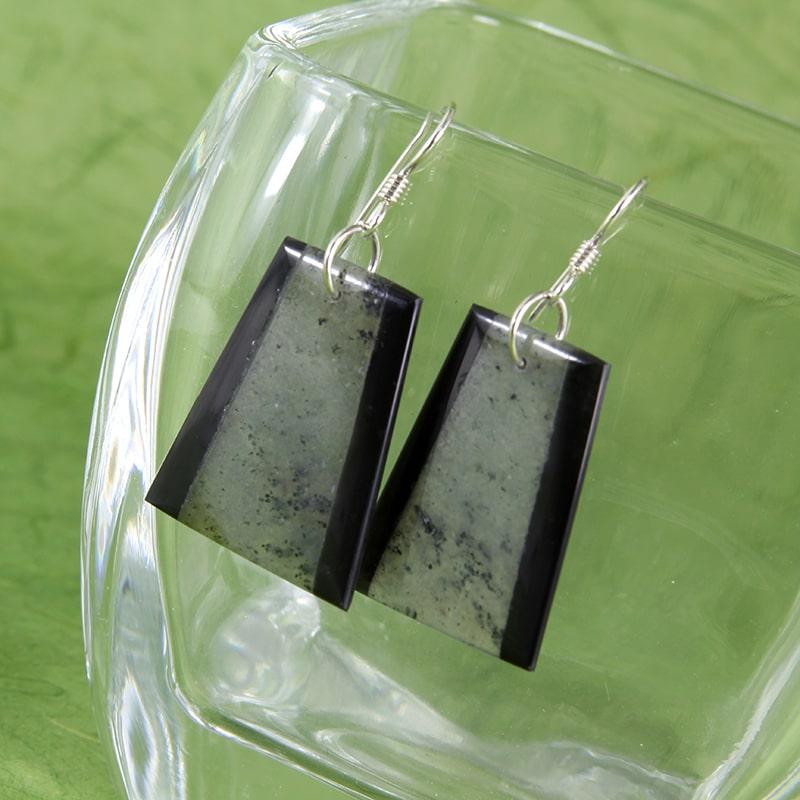 Obsidian and green stone intarsia earrings with sterling silver earwires