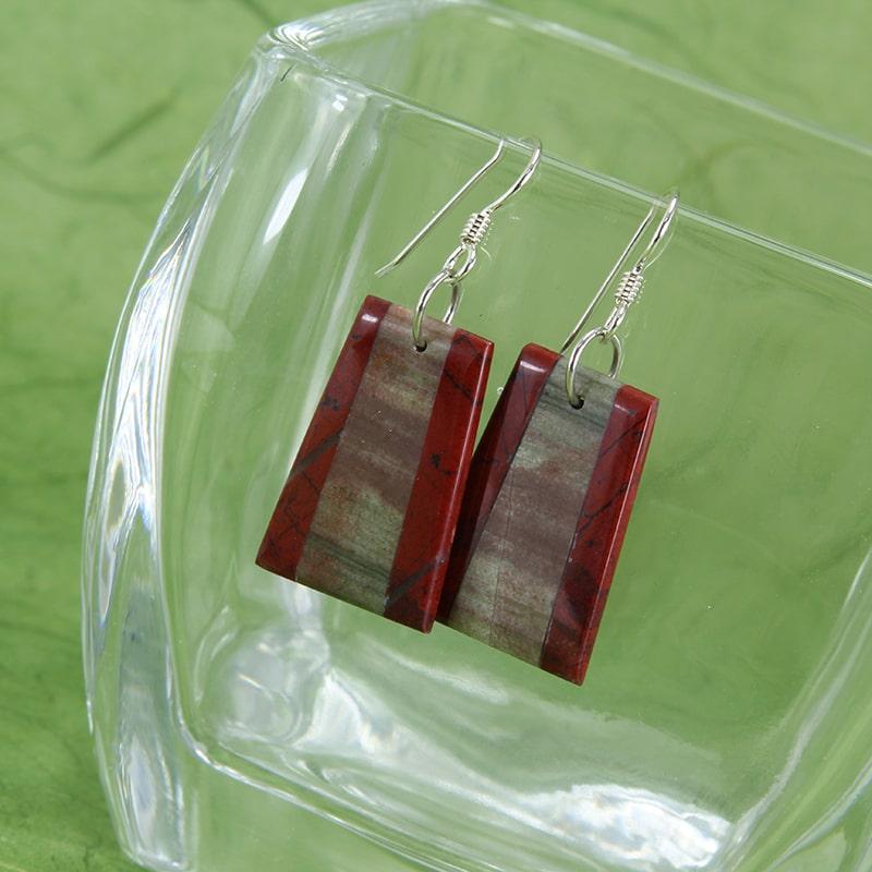 Red jasper and green stone intarsia earrings with sterling silver earwires