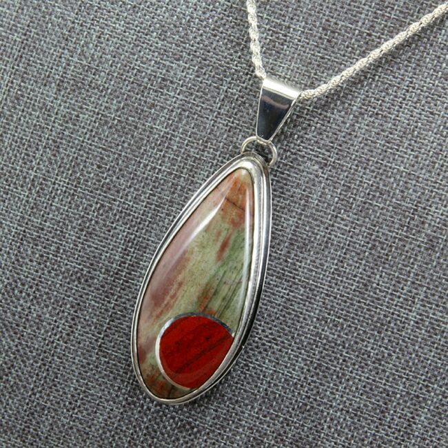 Sterling silver, green stone and red jasper stone intarsia pendant