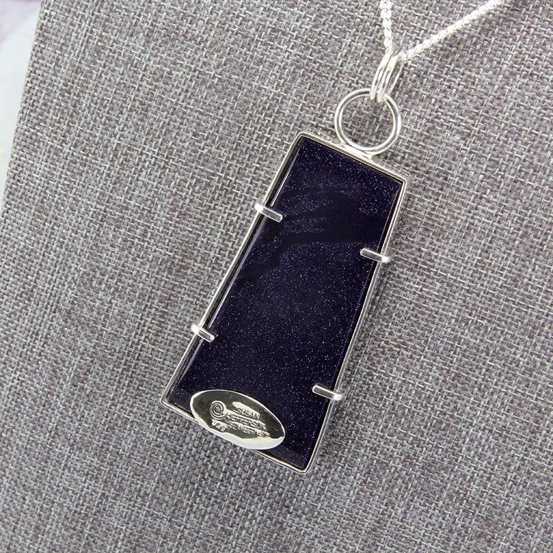 Sterling silver, blue mexican moss agate and blue goldstone intarsia pendant