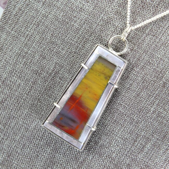 Sterling silver, petrified wood and moroccan agate nodule stone intarsia pendant