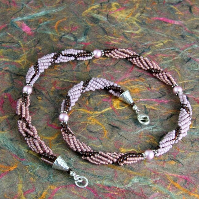 Mauve & brown spiral rope beaded necklace