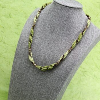 Brown & olive green spiral rope beaded necklace