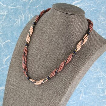 Navy blue and peach spiral rope beaded necklace