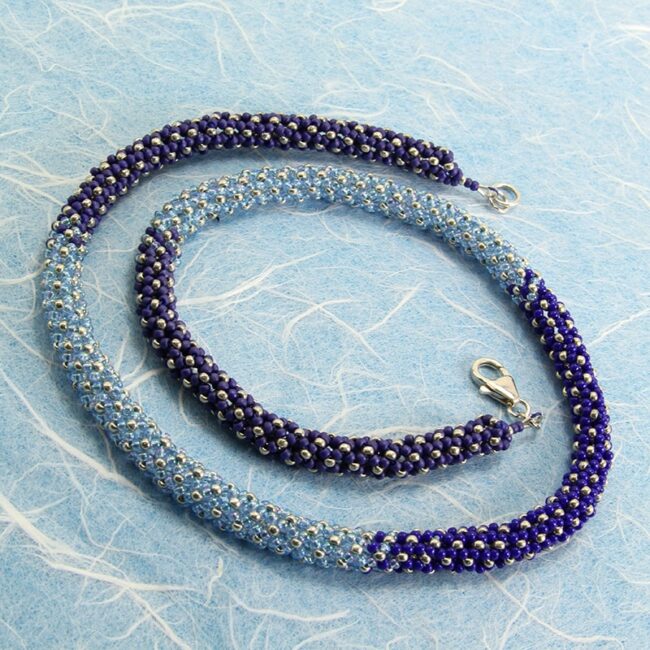 Cobalt blue and light blue beaded netted necklace