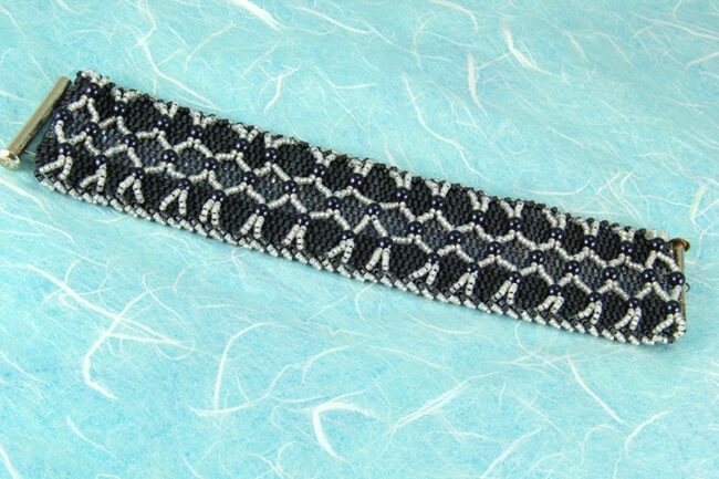 Peyote stitch beaded bracelet in steel grey blue with layered netting
