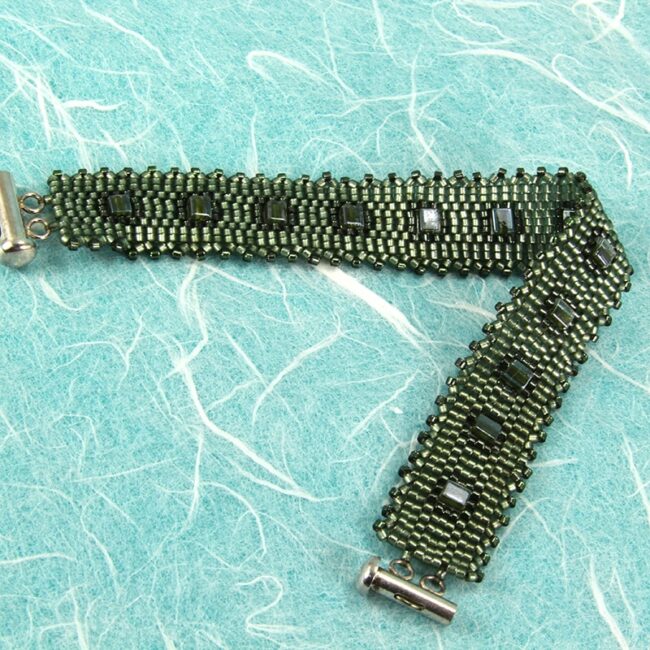 Peyote stitch beaded bracelet in olive green with cube beads