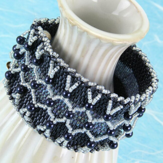 Peyote stitch beaded bracelet in steel grey blue with layered netting