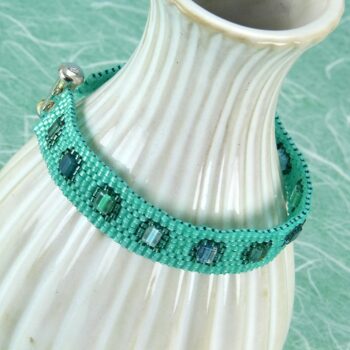 Peyote stitch beaded bracelet in teal with cube beads