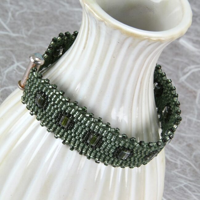 Peyote stitch beaded bracelet in olive green with cube beads